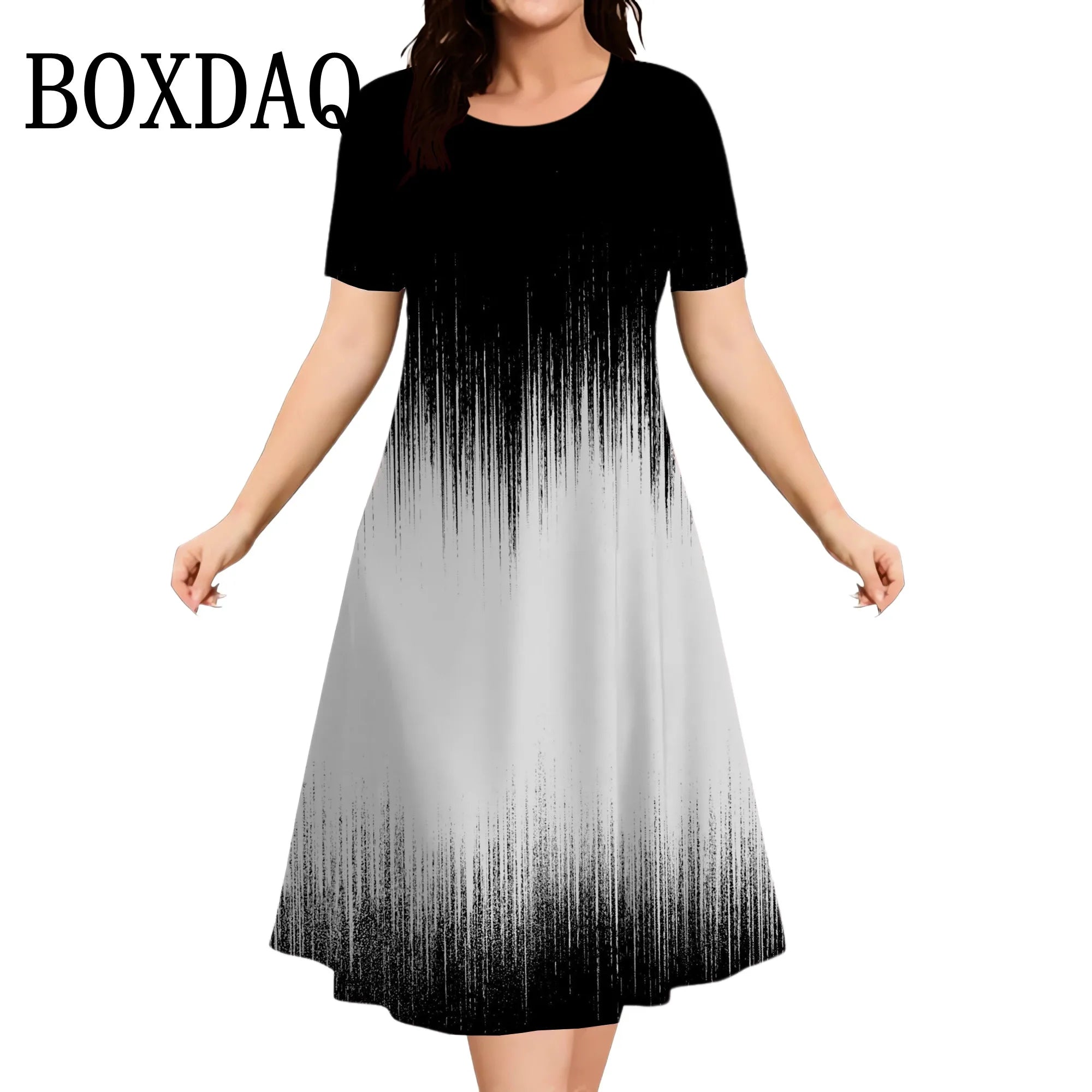 2025 Summer Women Dress Fashion Plus Size Short Sleeve Dress Black White Contrast Color Loose A-Line Dress Big Size 9XL Clothing