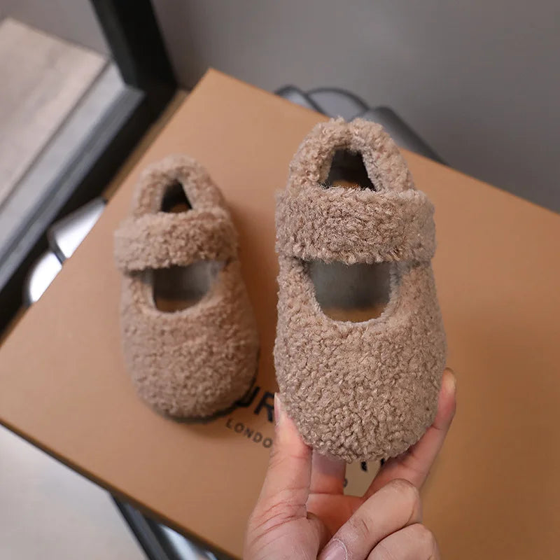 Children Fur Shoes 2025 Winter Kids Warm Plush Shoes For Girl Flat Loafers Moccasins Girls Casual Shoes Khaki, Beige