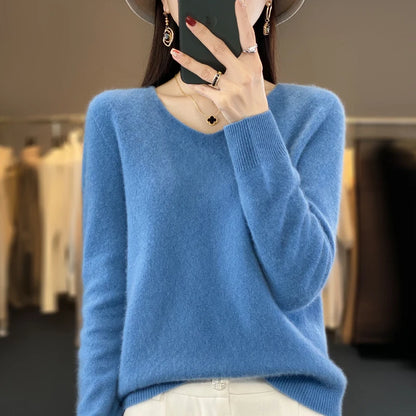 Suéter básico de otoño-invierno 2024 para mujer, 100 % lana merino, cuello en V, tejido de punto liso, jersey de oficina para mujer, manga larga, cachemir.