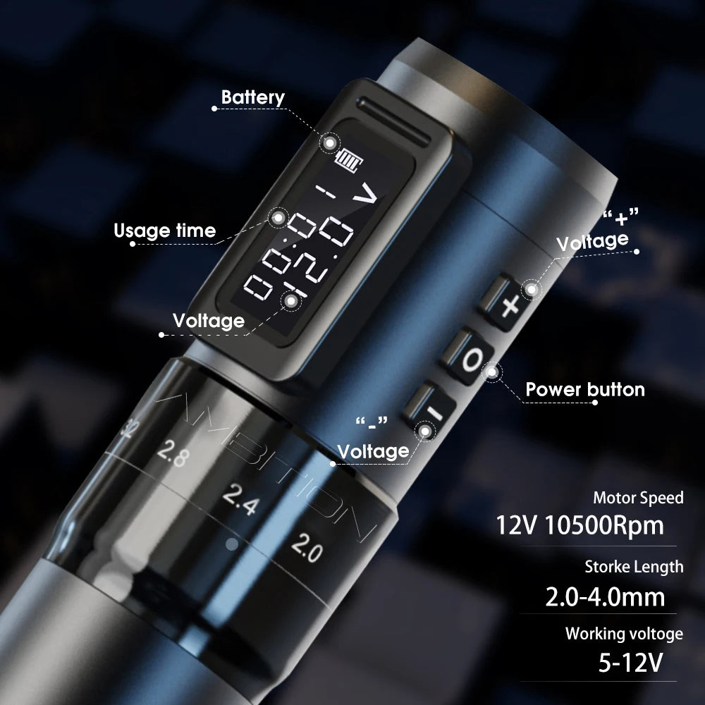 Máquina de tatuaje inalámbrica profesional Ambition MARS-U con pluma y trazo ajustable, cartucho de 2-4 mm, motor sin núcleo de 1800 mAh, para artistas del tatuaje
