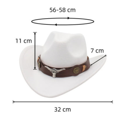 Classic Cattleman Cowboy Hat Retro Bull Head Studded Leather Band Felt Hat Unisex Western Party Cosplay Hat Wide Brim Fedora