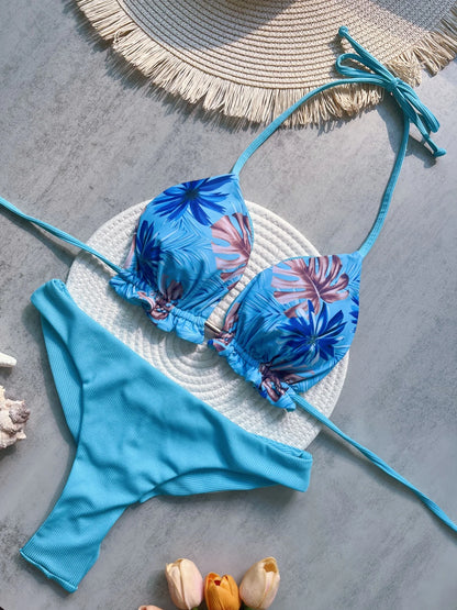Leaves Printed Halter High Leg Cut Bikini Women Swimwear Female Swimsuit Two-pieces Bikini set Bather Bathing Suit Swim