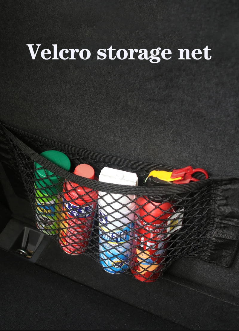 Car Seat Back Organizer Trunk Net Mesh Pocket Elastic String Net Magic Sticker Universal Portable Storage Bag Car Accessories