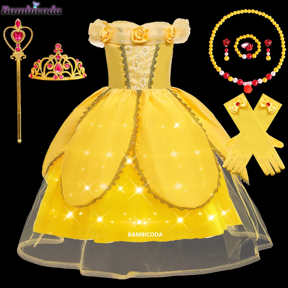 2025 Cosplay Belle Princess Dress Girls Dresses For Beauty and beast Party Clothing Magic stick crown Costume 3-12Y