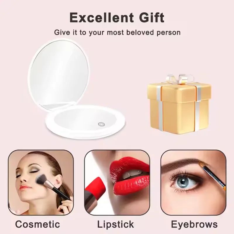 1X/10X Magnification LED Pocket Mirror Portable Handheld Rechargeable Compact Cosmetic Mirror with Light Travel Round Folding