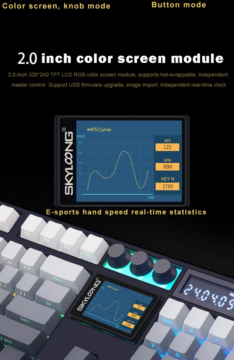 Teclado mecánico inalámbrico SKYLOONG GK104 Pro de tamaño completo con 3 modos, pantalla 2.0, 3 perillas, interruptor silencioso intercambiable en caliente, teclas PBT