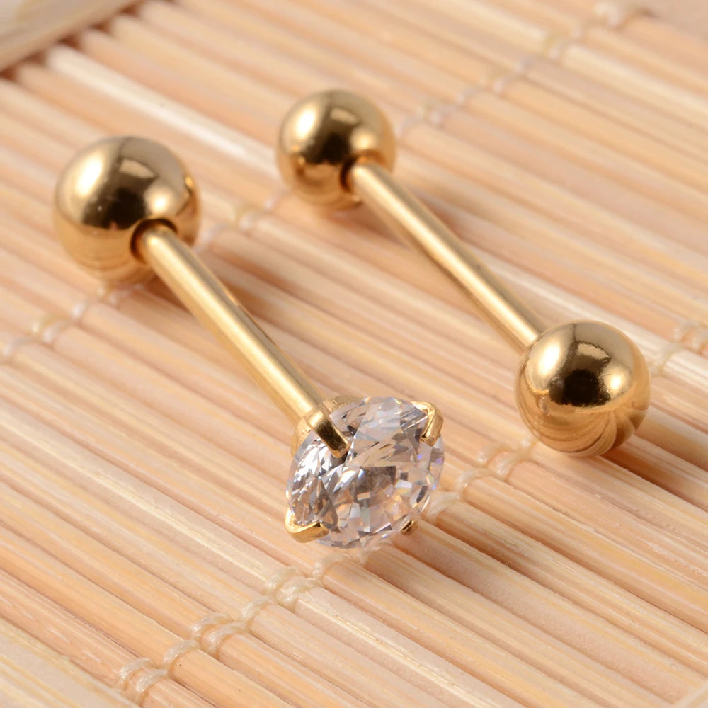 2 piercings de lengua de acero quirúrgico antialérgicos con circonitas y bola, joyería de moda.