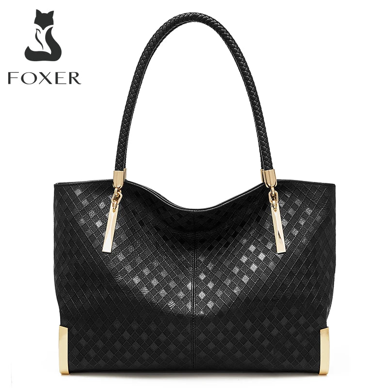 FOXER Genuine Leather Lady's Handbag Elegant Luxury Design Women Shoulder Bag Large Capacity Tote Bag Best Gift for Mom, Wife