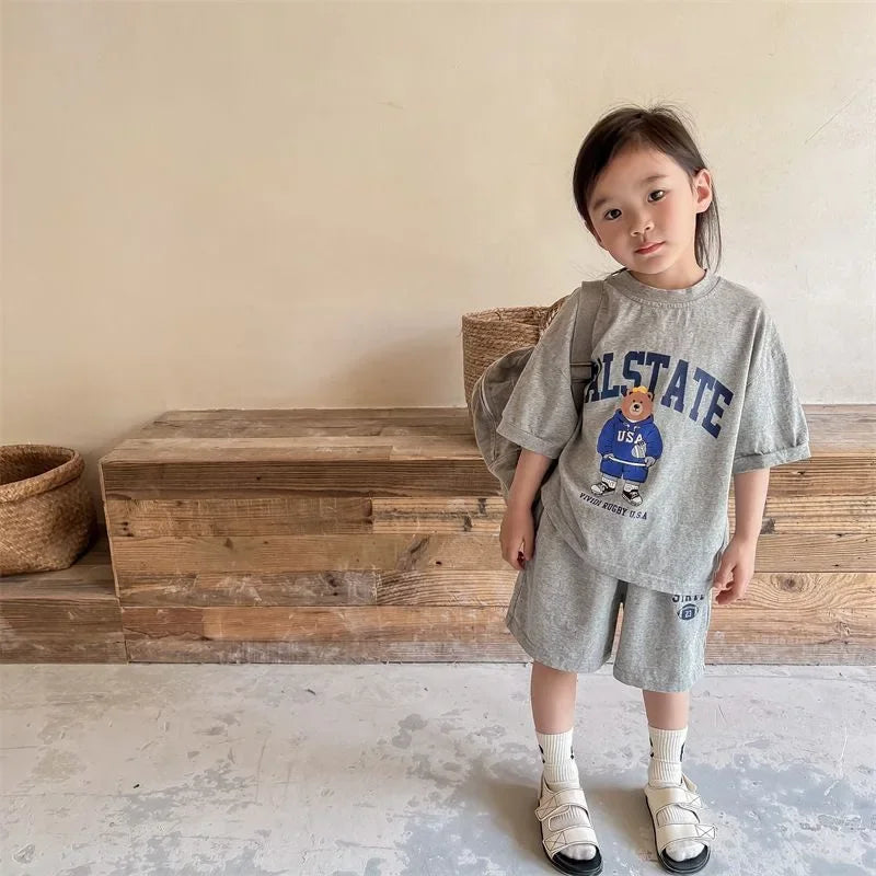 2pcs Summer Baby Clothes Set Children Boy Girl Cartoon Bear T-shirts and Shorts Suit Kid Casual Top Bottom Outfits Tracksuits