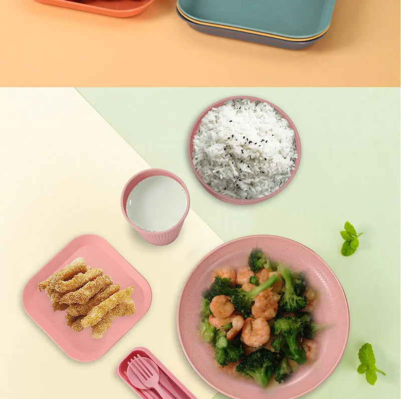 36pcs Plate Sets Wheat Straw Eco-Friendly Ramen Bowl Tableware Dinner Dishes Set Camping Tableware Set With Knife Fork Spoon