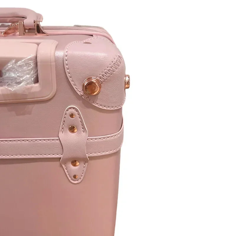 Vintage Leather Women Luggage Set 20in Carry-On + 24/26in Checked Suitcase Luxury Travel Trolley Case with Pink Handbag