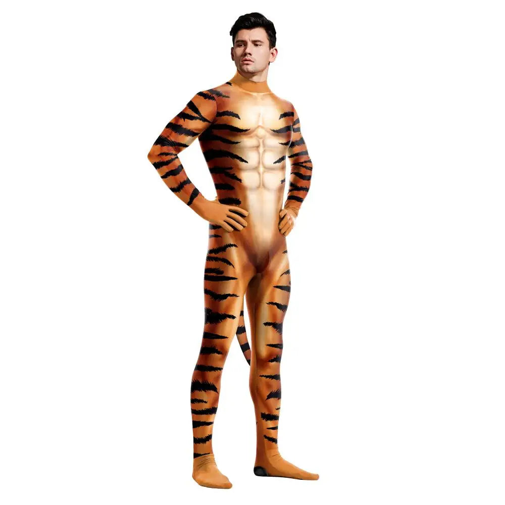 Zawaland Tiger Leopard Cheetah Petsuit for Men Animal Disguise Costume Crotch Zipper Zentai Halloween Carnival Full Bodysuits