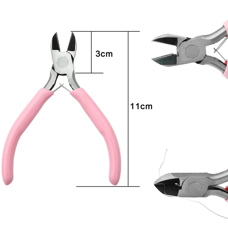 Alicates cóncavos redondos de una sola sección de níquel-hierro con mango rosa, herramienta para hacer herrajes de joyería hechos a mano, punta afilada, diagonal, portátil