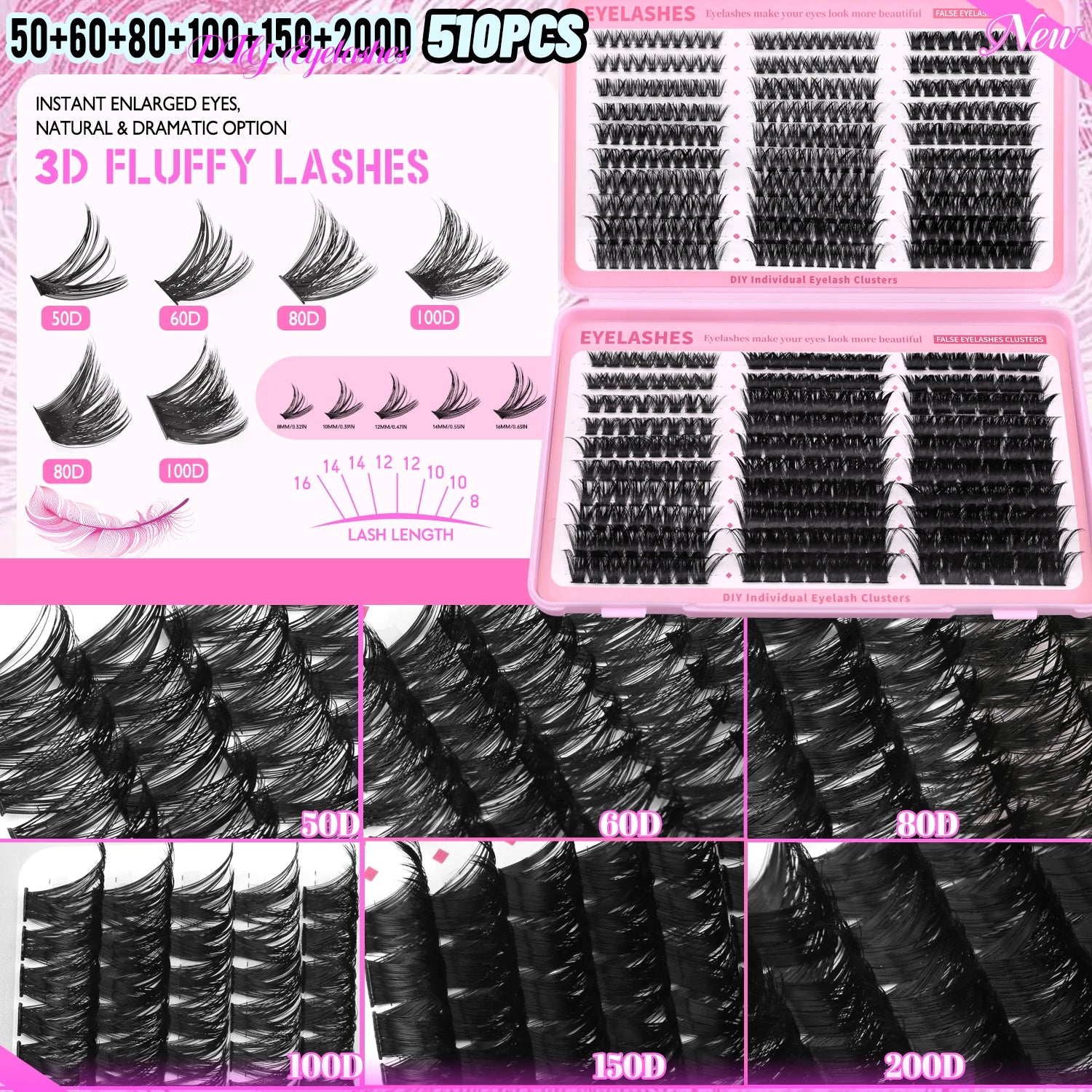 GROINNEYA – Kits de Cílios em Tufo (510 unidades), Curvatura D, 6 Estilos, Tamanhos 8-16mm – Cílios Individuais com Efeito Leve e Natural, Cílios Postiços Macios e Extensões de Cílios
