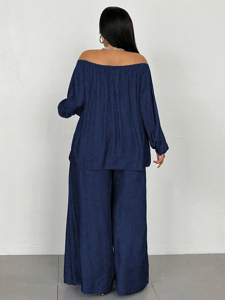 2piece Wide Legs Fake Jeans Suits for Women Plus Size Spring Outfits Off Shoulder Top and Pants Sets Wholesale Dropshipping