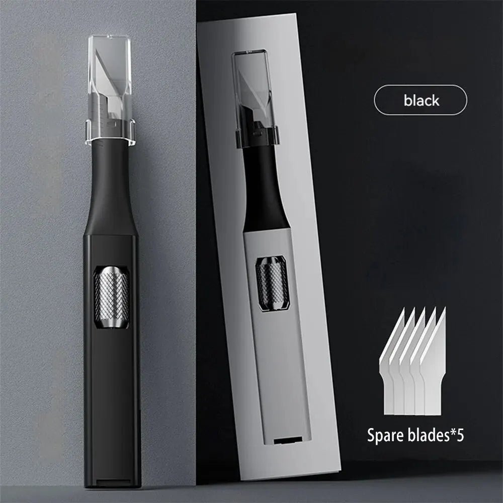 Cuchillo para trinchar con mango de aluminio en forma de bolígrafo, incluye 5 hojas con diseño de herradura que puedes reemplazar tú mismo.