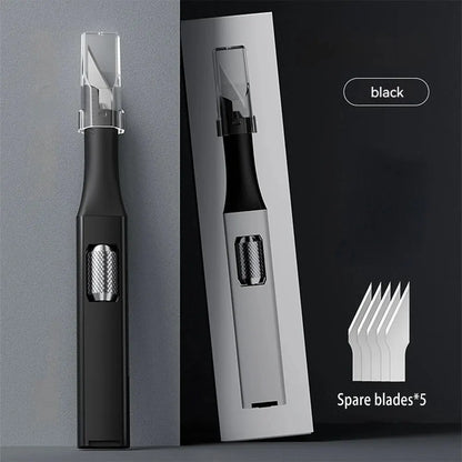 Cuchillo para trinchar con mango de aluminio en forma de bolígrafo, incluye 5 hojas con diseño de herradura que puedes reemplazar tú mismo.
