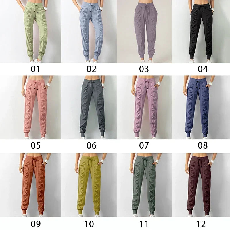 Sweatpants Fabric Drawstring Running Sport Joggers Women Quick Dry Athletic Gym Fitness with Two Side Pockets Exercise Pants