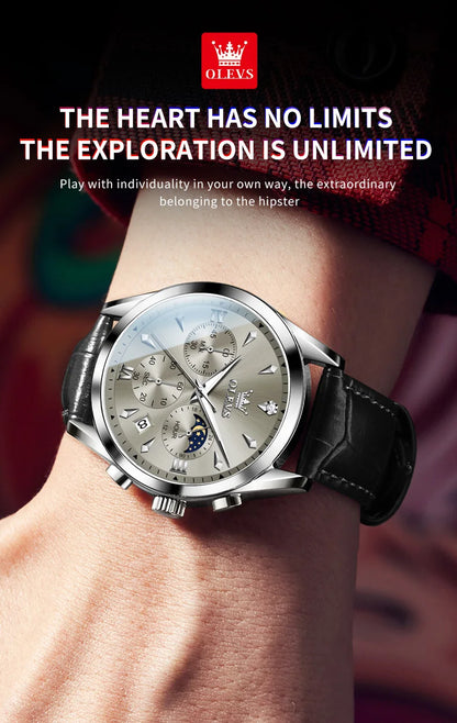 OLEVS 3609 Original Moon Phase Chronograph Man Watch Leather Strap Waterproof Luminous Luxury Brand Quartz Wrist Watches for Men