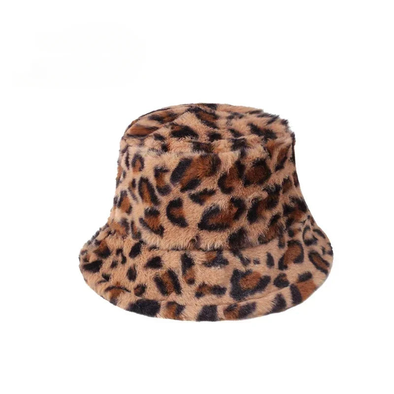 Winter Rabbit Plush Fisherman Hats for Women Girl Bucket Hat Windproof Leopard Soft Faux Fur Wide Brim Lady Women Artist Cap