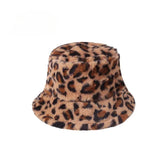 Winter Rabbit Plush Fisherman Hats for Women Girl Bucket Hat Windproof Leopard Soft Faux Fur Wide Brim Lady Women Artist Cap