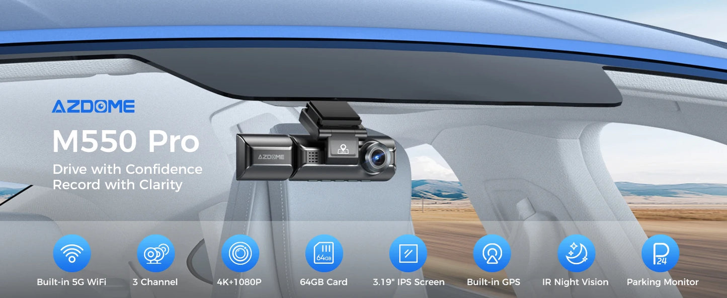 AZDOME M550 Pro 5.8Ghz WiFi 3 Channel Dash Cam 4K+1080P Built-in GPS 3.19" IPS Screen Car DVR IR Night Vision 24H Parking Mode