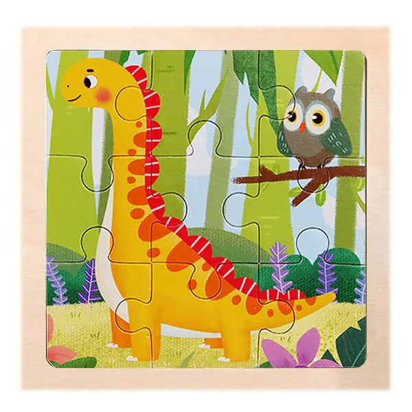 Novo Quebra-Cabeça de Madeira Montessori de 9 Peças – Temas de Dinossauros e Transportes (Estilo Cartoon) – Quebra-Cabeça 3D Educativo para Aprendizado Precoce