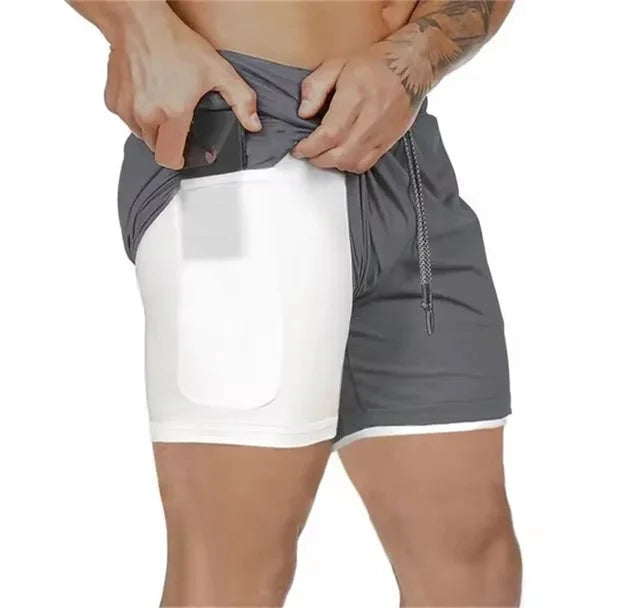 Pantalones cortos deportivos de verano 2 en 1 para hombre, con bolsillo incorporado, de secado rápido, para gimnasio, playa, correr, de dos pisos, de malla 