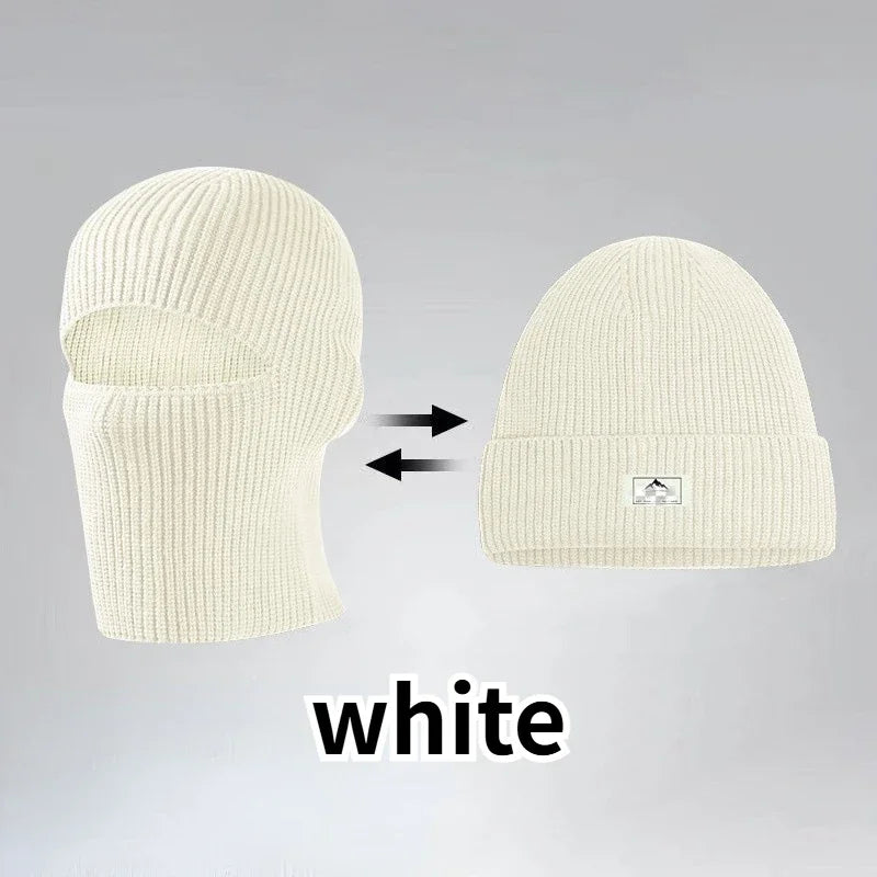 Winter 2 in1 Mask Beanies Hats Warm Knitted Balaclava Hats Windproof Solid Full Face Ski Bonnet Tactical Cycling Earmuffs Cap