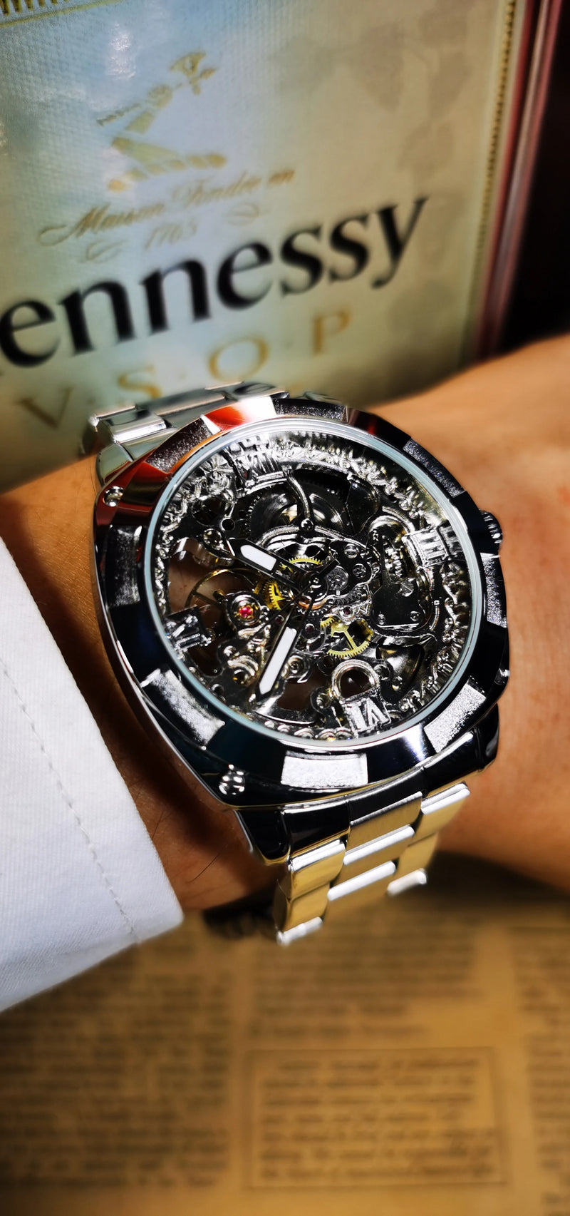 Forsining Square Skeleton Mechanical Watches Luxury Engraved Movement Retro Automatic Watch for Men Steel Strap Luminous Hands