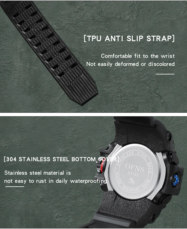 OFNS - Reloj de lujo estilo G para hombre, resistente al agua hasta 50 m, multifunción, deportivo, militar, de cuarzo, con LED digital