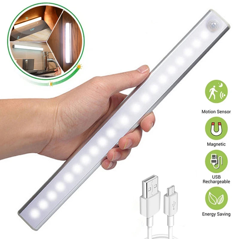 Luz LED Noturna Sem Fio com Sensor de Movimento e Recarregamento Tipo C – Iluminação para Armários, Guarda-roupas, Escadas e Cozinha