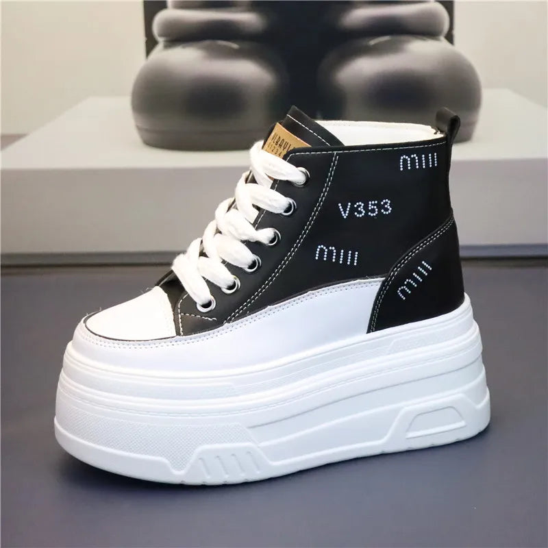 High Top Fashion Sneakers White Chunky Platform Wedge Shoes 12cm 14cm Height Increased Woman Sports Casual Shoe Tennis Female