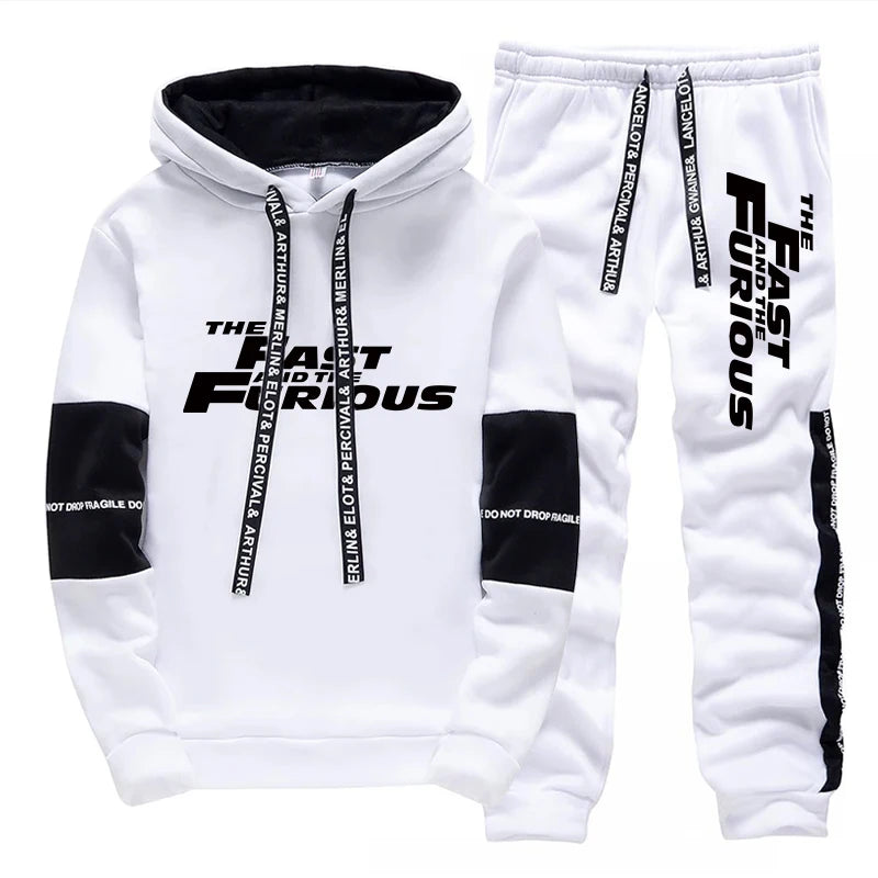 Men's Tracksuit Print Casual Hooded Sweatshirts Set Jogging Clothing Men Daily Commute High Street Fashion Suit 2025 Black White