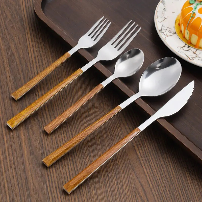 Juego de cubiertos con mango de madera de imitación de acero inoxidable, abrazadera para vajilla occidental, cuchillo, tenedor, cuchara de té, 30 Uds.
