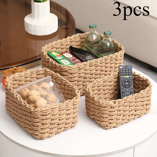 3pcs Paper Rope Storage Baskets for Organizing Container Bins for Shelves Cupboards Drawer, Small Woven Basket, Multifunctional