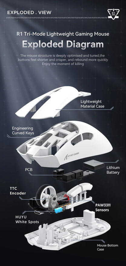 Attack Shark R1 Bluetooth Mouse,18000dpi,PAW3311,Wiredless Tri-mode Connection, Macro Gaming Mouse