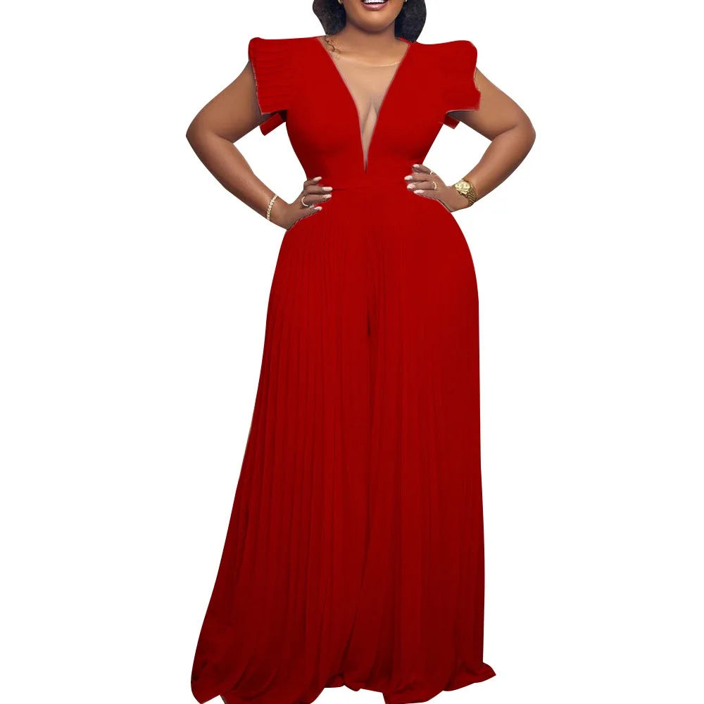 Elegant Pleated Jumpsuits & Rompers for Women V Neck Ruffles High Waisted Loose Floor Length Luxury Female Birthday Party Romper