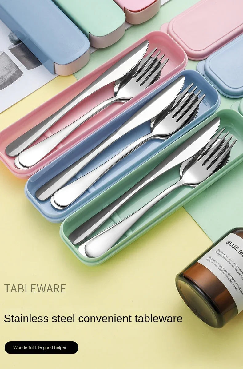 Juego de cubiertos portátil de acero inoxidable con caja de almacenamiento, palillos, tenedor, cuchara, cuchillo, vajilla de viaje, cubiertos para acampar