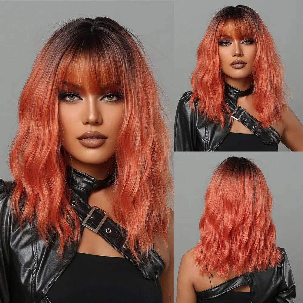 Women Grey Wavy Bob Wigs with Bangs Short Blonde Ombre Synthetic Wig With with Dark Roots Natural Hair for Daily Use
