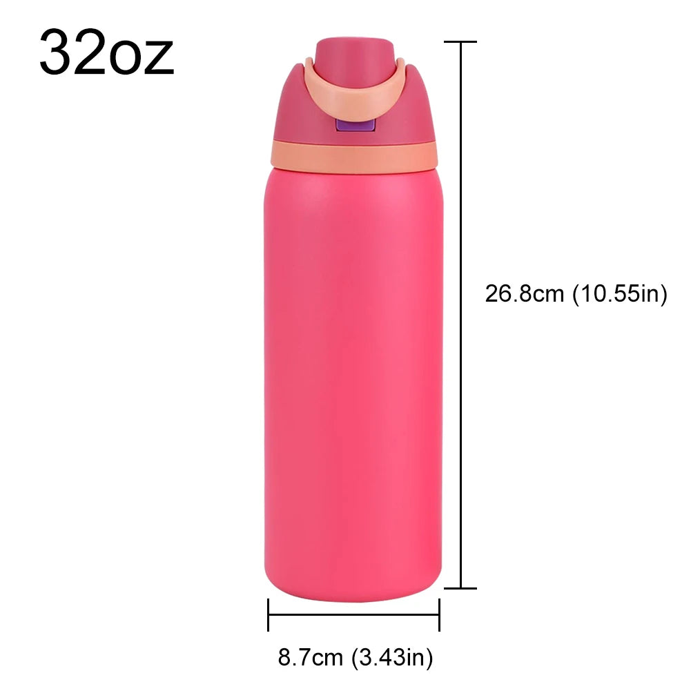 Copo de água portátil com palha e alça, garrafa esportiva, aço inoxidável 304, garrafa de vácuo de viagem, copo térmico, 32 oz, 24 oz, 19oz