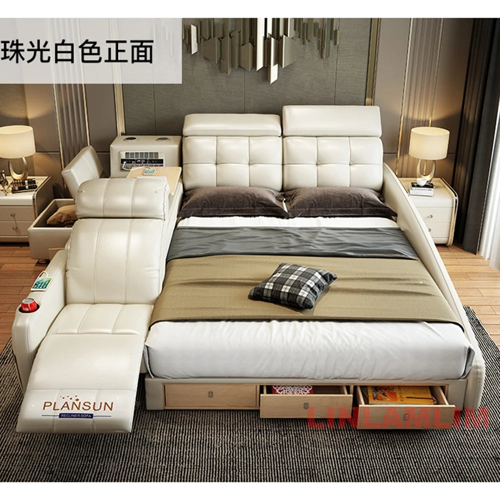 MINGDIBAO Massage Bed with Ultimate Comfort and Genuine Leather Multifunctional Frame - Bluetooth Speaker, Safe Air Cleaner, USB