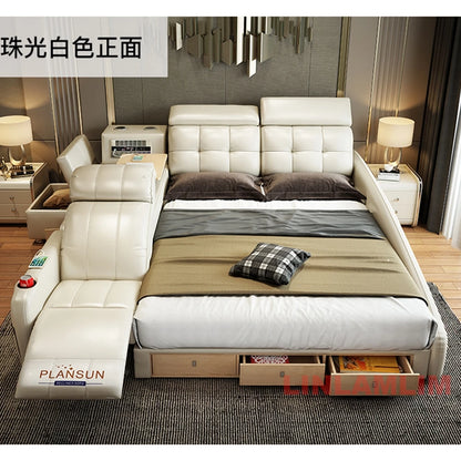 MINGDIBAO Massage Bed with Ultimate Comfort and Genuine Leather Multifunctional Frame - Bluetooth Speaker, Safe Air Cleaner, USB