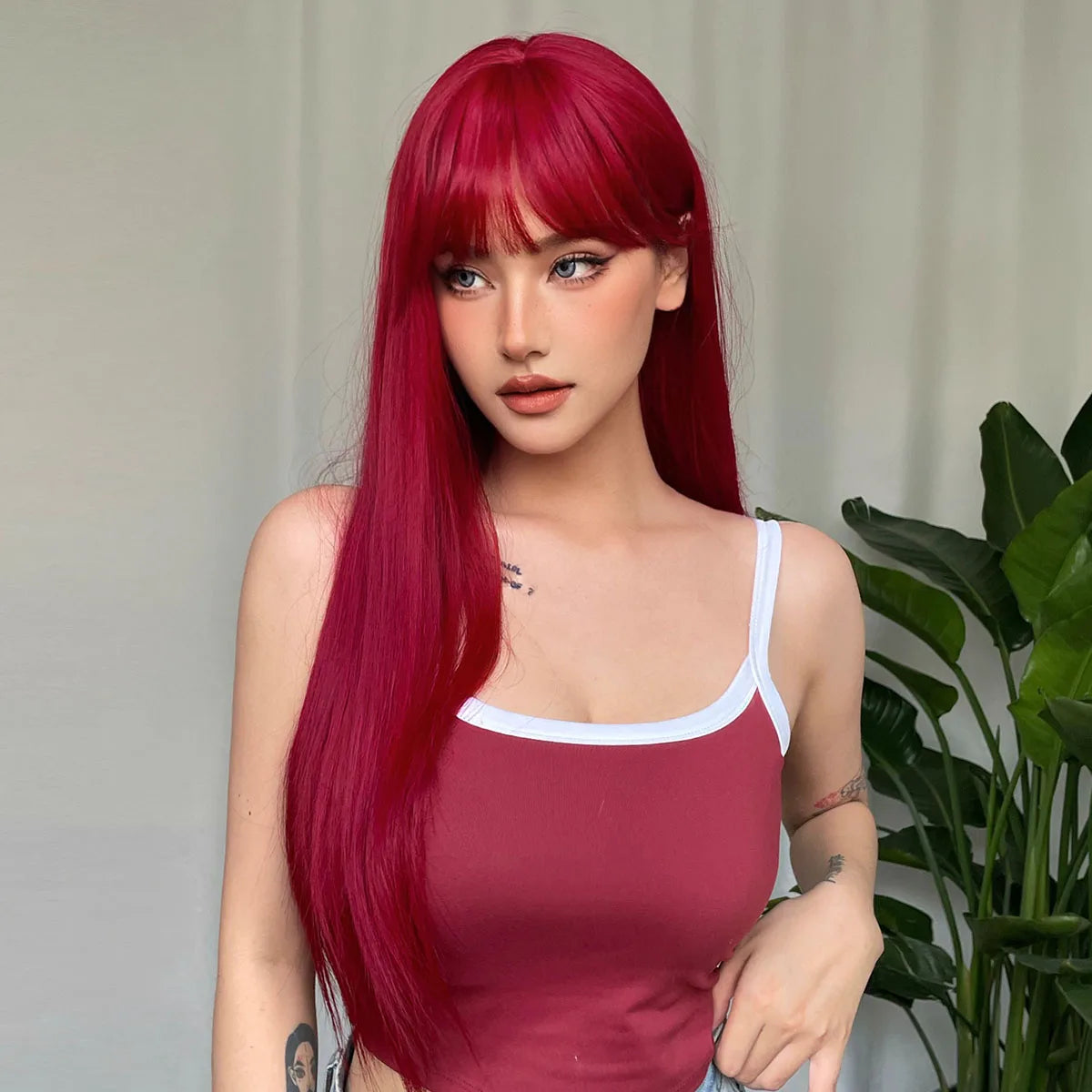 Light Wine Red Synthetic Wigs With Bangs for Women, Long Straight Hair Wig, Natural Cosplay Party, Heat Resistant