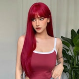 Light Wine Red Synthetic Wigs With Bangs for Women, Long Straight Hair Wig, Natural Cosplay Party, Heat Resistant