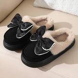 Lovely Bow Women Winter Toe Wrap Warm Solid Cotton Slippers Thick Soft Sole Slides Indoor Floor Flat Home Non-slip Shoes