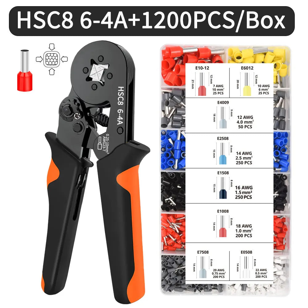 Kit de crimpadora de casquillos hexagonales autoajustables con trinquete, 23-7 AWG, 0,25-10 mm², con terminales de cable y casquillos