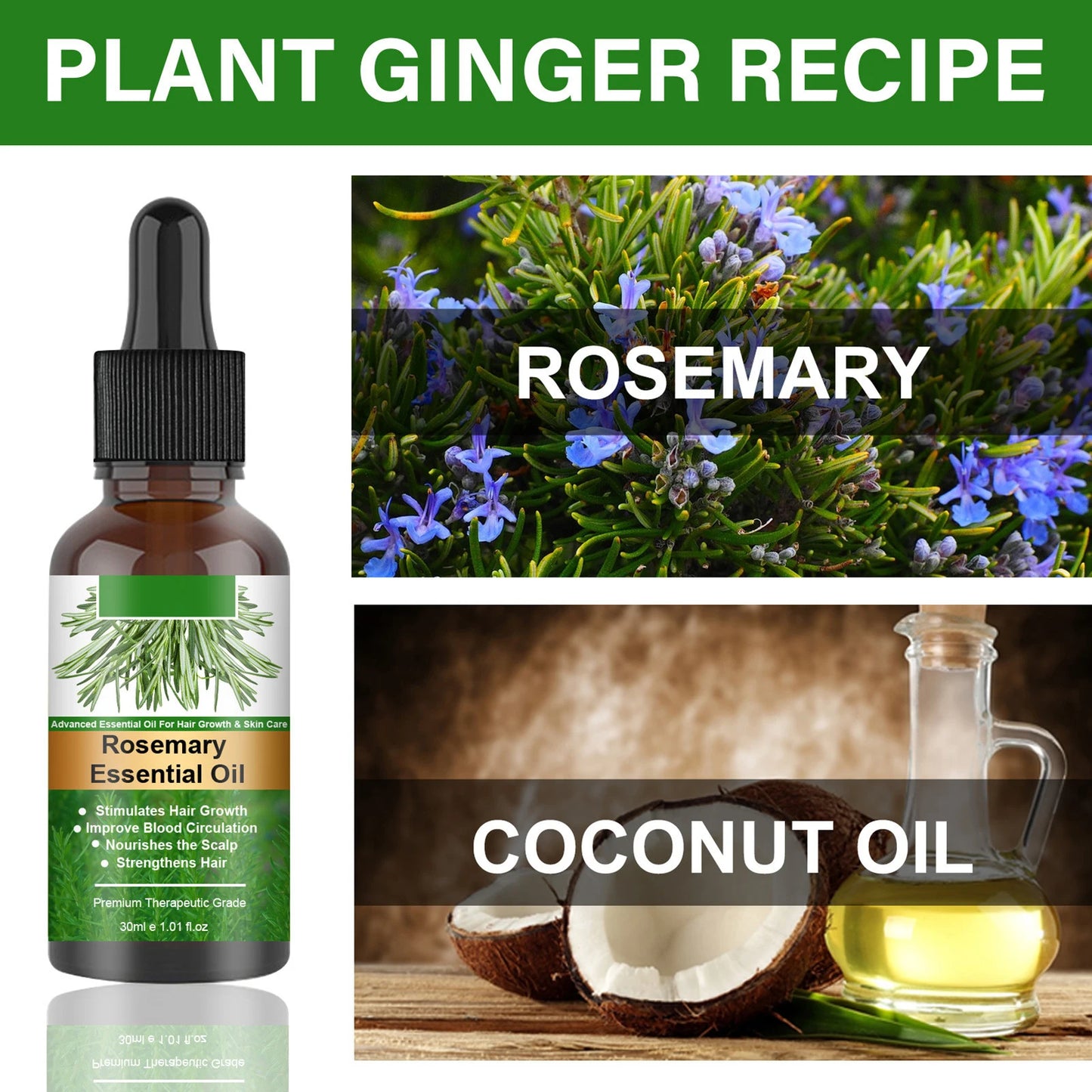 Aceite esencial de romero para el crecimiento del cabello, cuidado orgánico del cuero cabelludo, nutritivo, brillante y saludable. 
