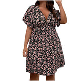 Vestido com decote em v grande feminino, vestido solto estampado, estampa floral, manga curta, moda elegante, tamanho grande, primavera, verão