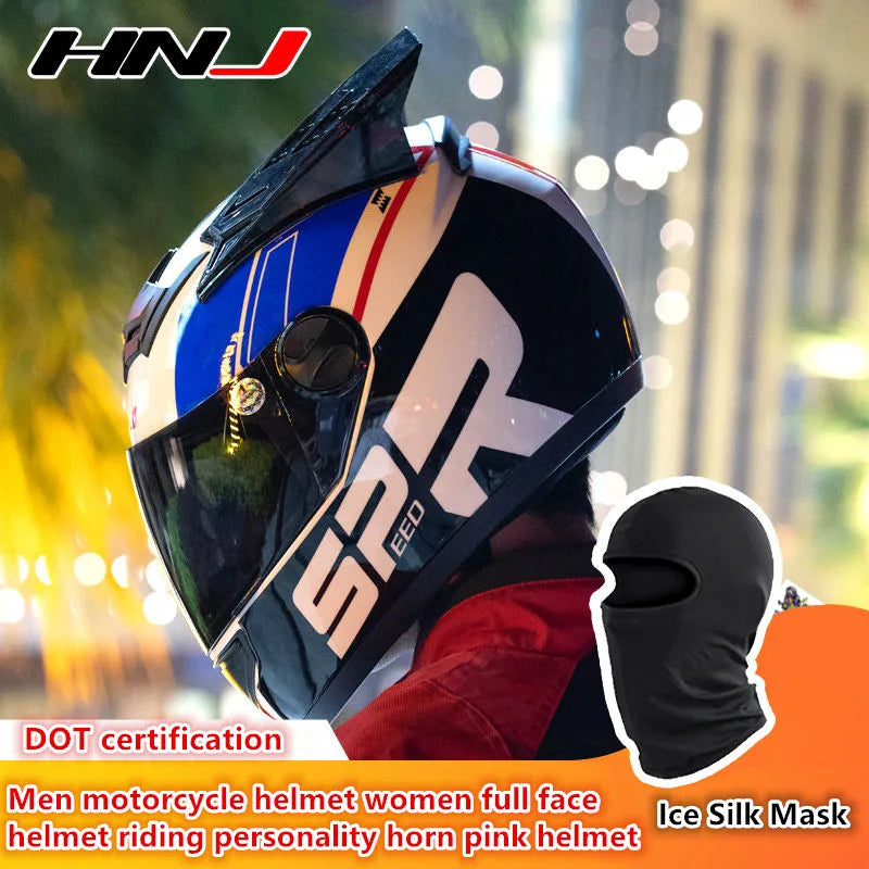 HNJ Men Motorcycle Helmet Women Full Face Helmet Riding Personality Horn Pink Helmet DOT Certification Motorcycle Helmet